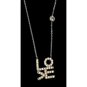 Sterling Silver LOVE Pendant Necklace With Rhinestone Accents & Adjustable Chain